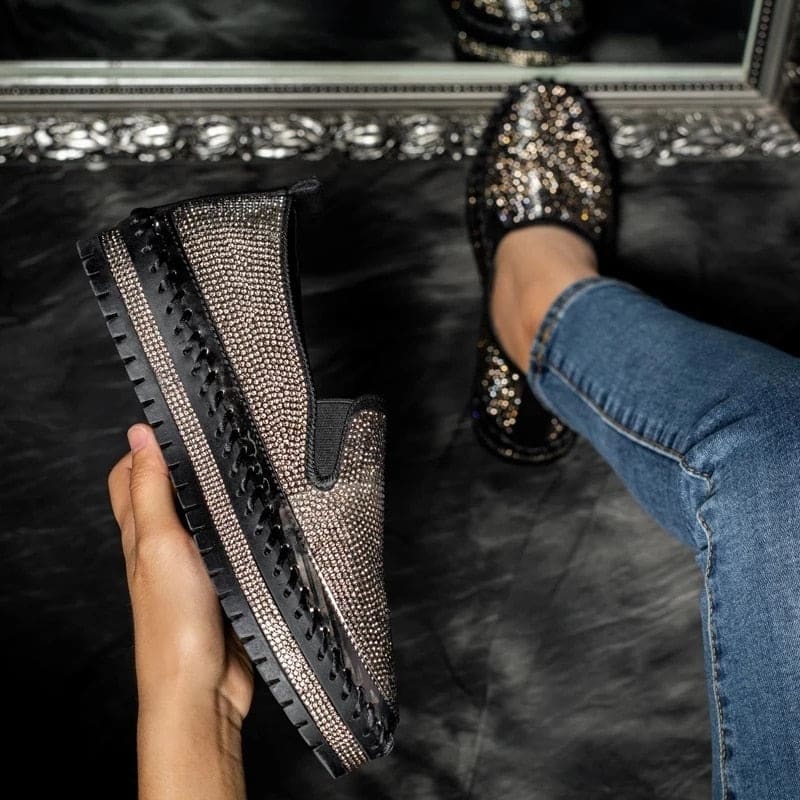 Chaussures Slip - on Femme Plateforme à Strass Noir / 35